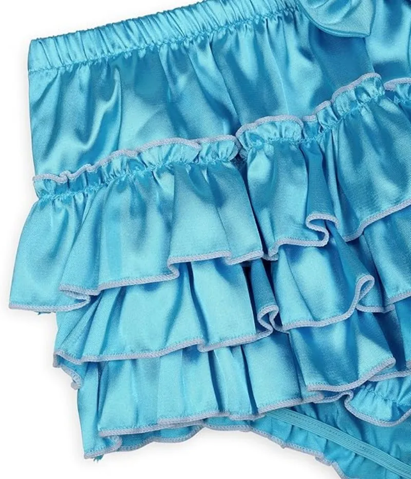 Satini Frilly Sissy blue bowknot French maid cosplay lingerie with ruffled edges, silky satin lingerie,customized