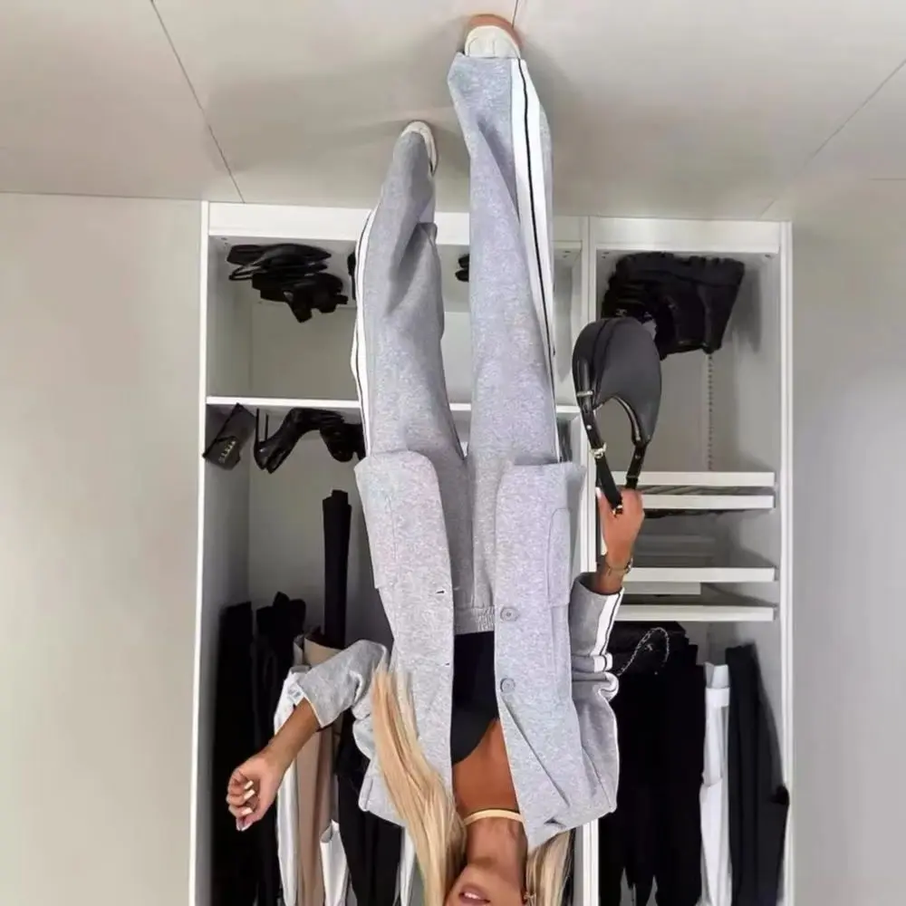 

2 Pcs/Set Lady Formal Coat Pants Set Turn-down Collar Single-breasted Long Sleeves Jacket Loose Striped Wide Leg Trousers Casual