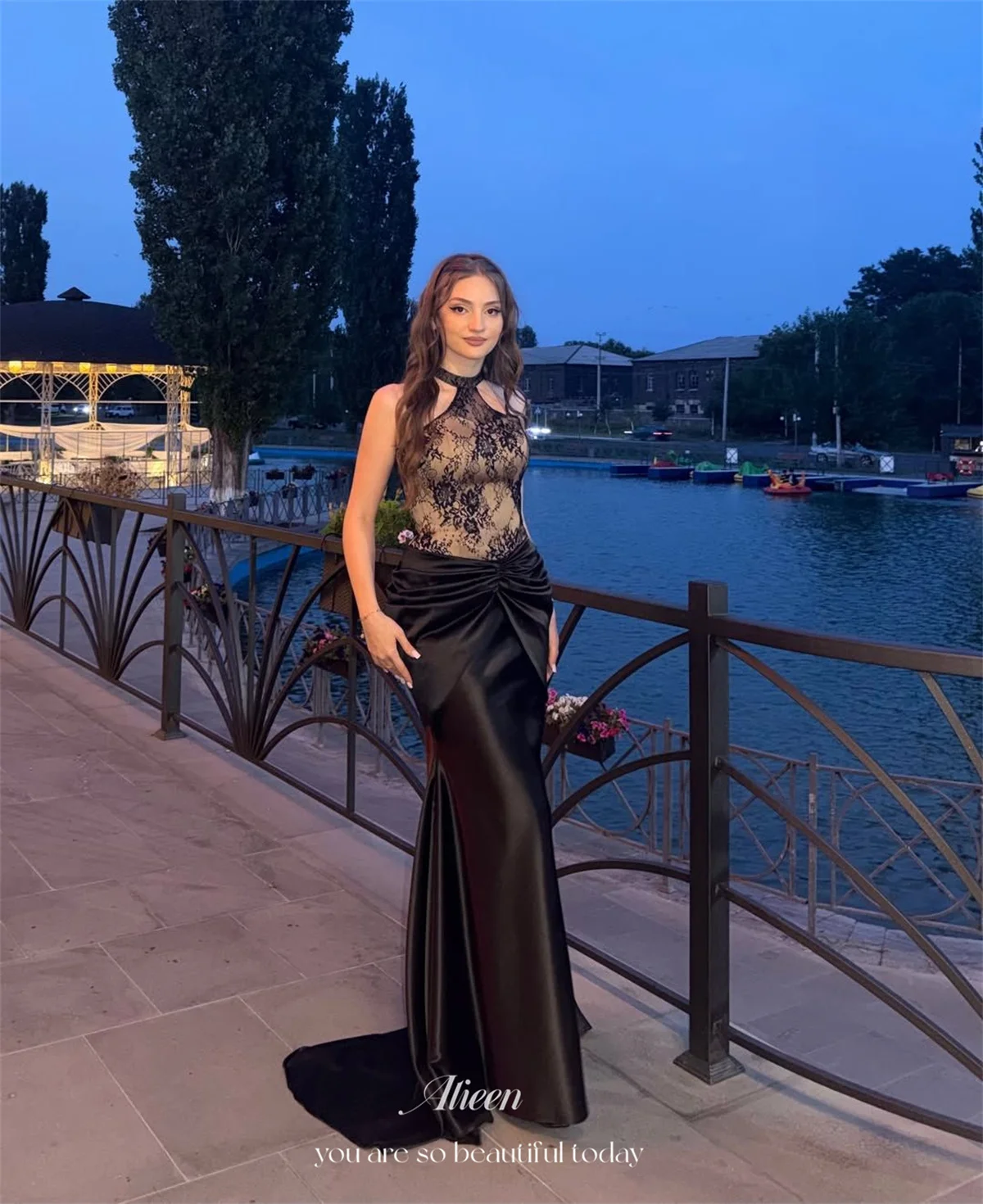 Aileen Black Evening Dresses Mermaid Halter Sleeveless Prom Dress Sheer Illusion Bodice Keyhole Cutout Draped Long Customized