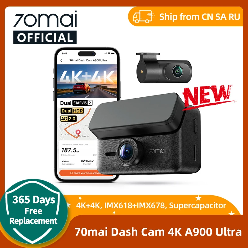 70mai A900 Ultra Set 4K+4K HDR Dual IMX678 Dash Cam Heat-Resistant Supercapacitor 70°C Voice Control LVDS 4K Rear Cam 4G LTE 2.0