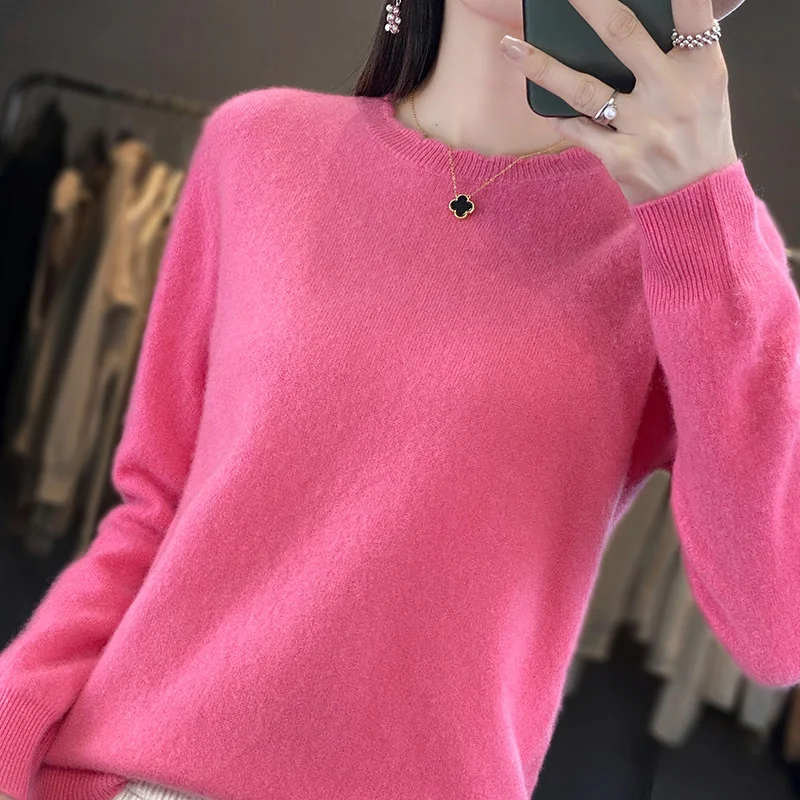 Autumn Winter Women New Wool Blend Sweater Lace Round Neck Solid Color Pullover Long Sleeve Bottoming Casual Warm Knitting Tops