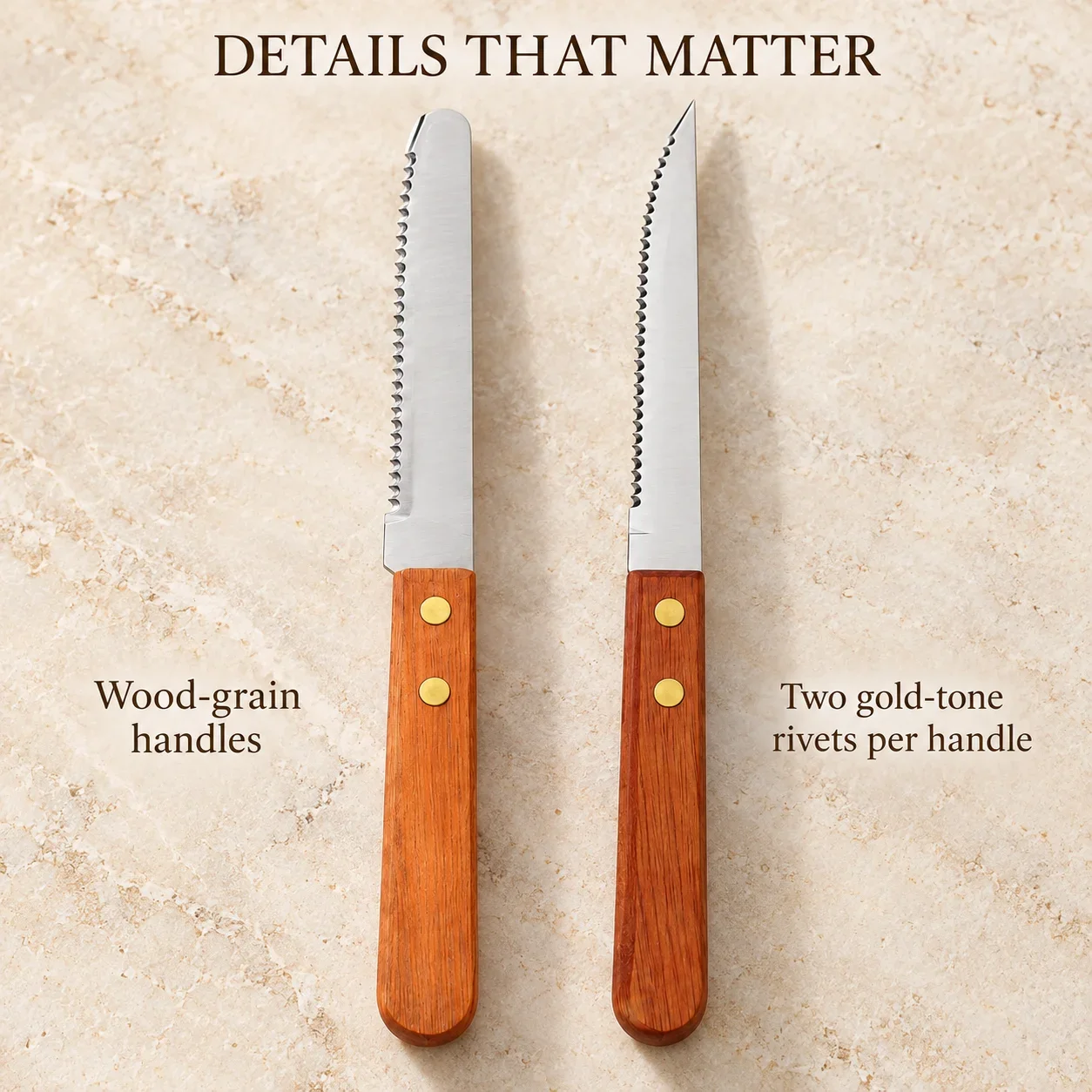 WXCOO Full Tang Sharp Serrated Stainless Steel Wood Handle Steak Knife Set Dinner Cutlery Dishwasher Safe for Meat and Bread