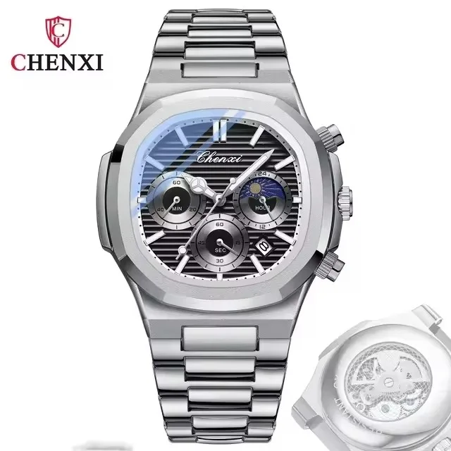 CHENXI 0092 ساعات كوارتز موضة الأعمال عادية مضيئة القمر المرحلة كرونوغراف مقاوم للماء للرجل ساعة هدية عيد ميلاد