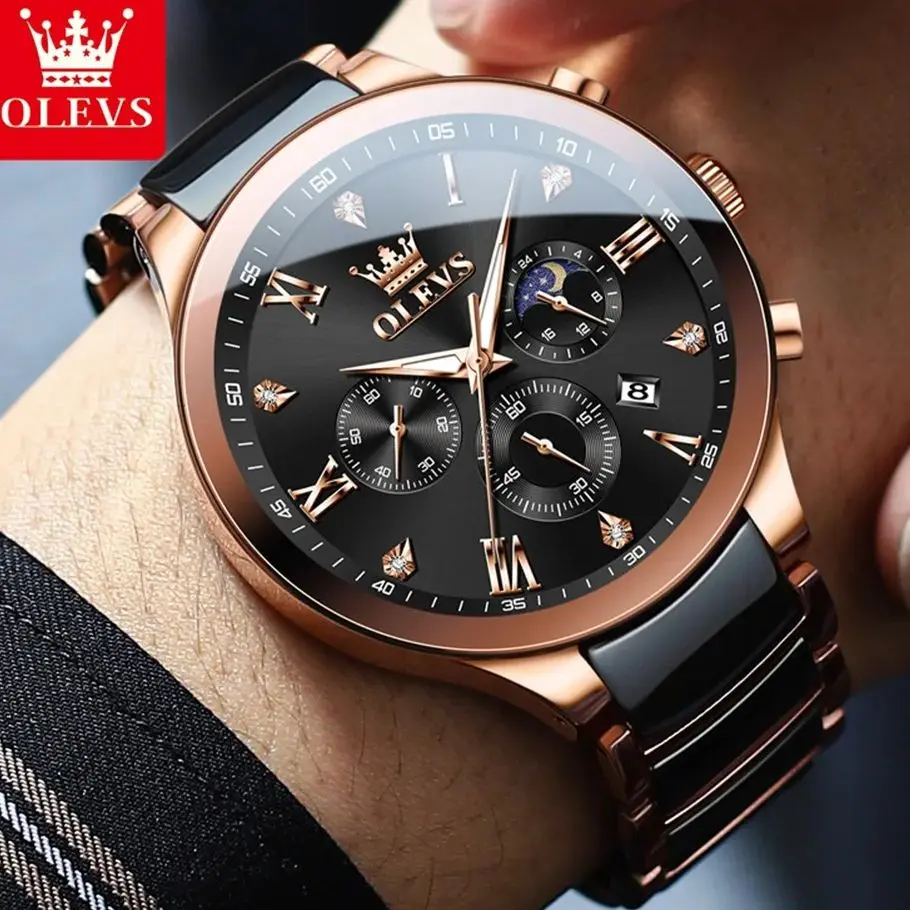 

OLEVS 7004 Мужские часы Роскошные повседневные часы ﻿ Модные кварцевые часы, водонепроницаемые светящиеся часы с датой недели и луной, деловые спортивные часы для мужчин, Reloj