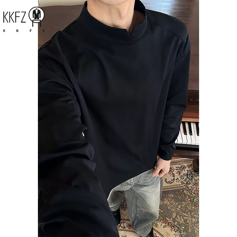 Male Oversized Notched Mock Neck Long Sleeve Blouse Raglan Design Lightweight Breathable For Holiday Leisure Time