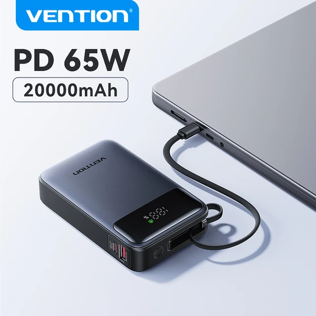 Vention 65W Power Bank 20000mAh z wbudowanym kablem USB-C, przenośny powerbank do laptopa, szybka ładowarka PD do iPhone 17, Samsung S25, S24