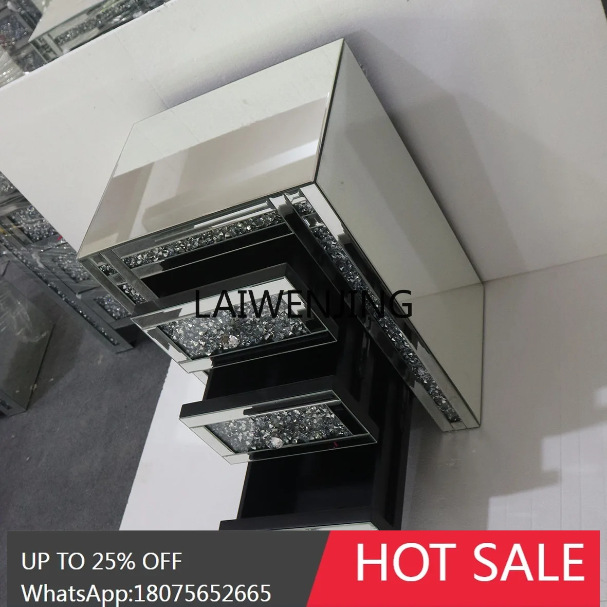 modern simple silver mirror glass rhinestone three-pump bedside table side cabinet