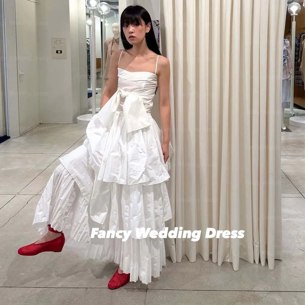 Fancy Special A Line Taffeta Wedding Dress Korea Bow Spaghetti Straps Evening Dresses Back Corset Floor Length Customized