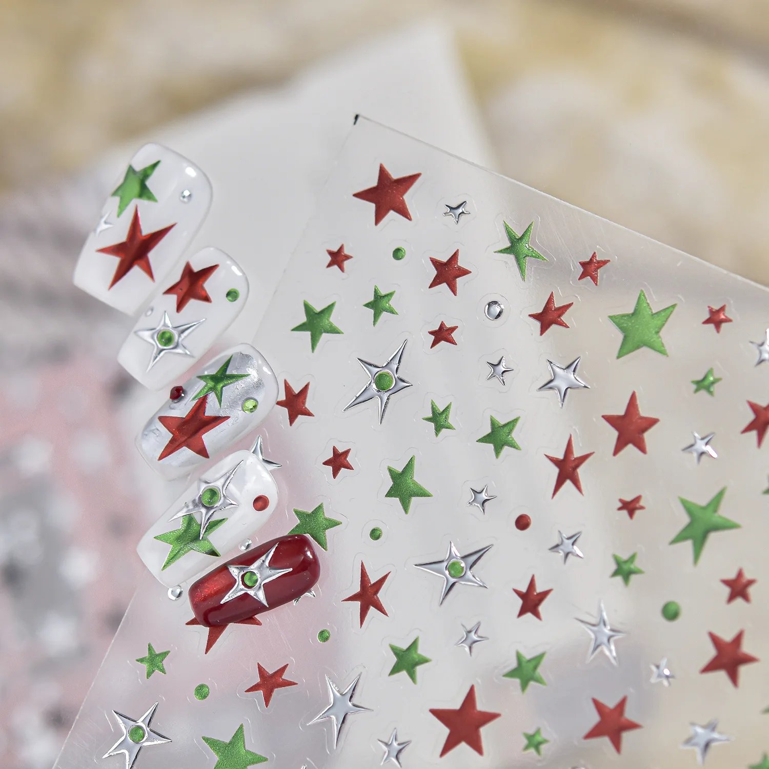 Cool Punk Stars 5D Nail Decals Black Silver Color Contrast Metal Hollow Five‑Pointed Star Nail Stickers Minimal Manicure Decor