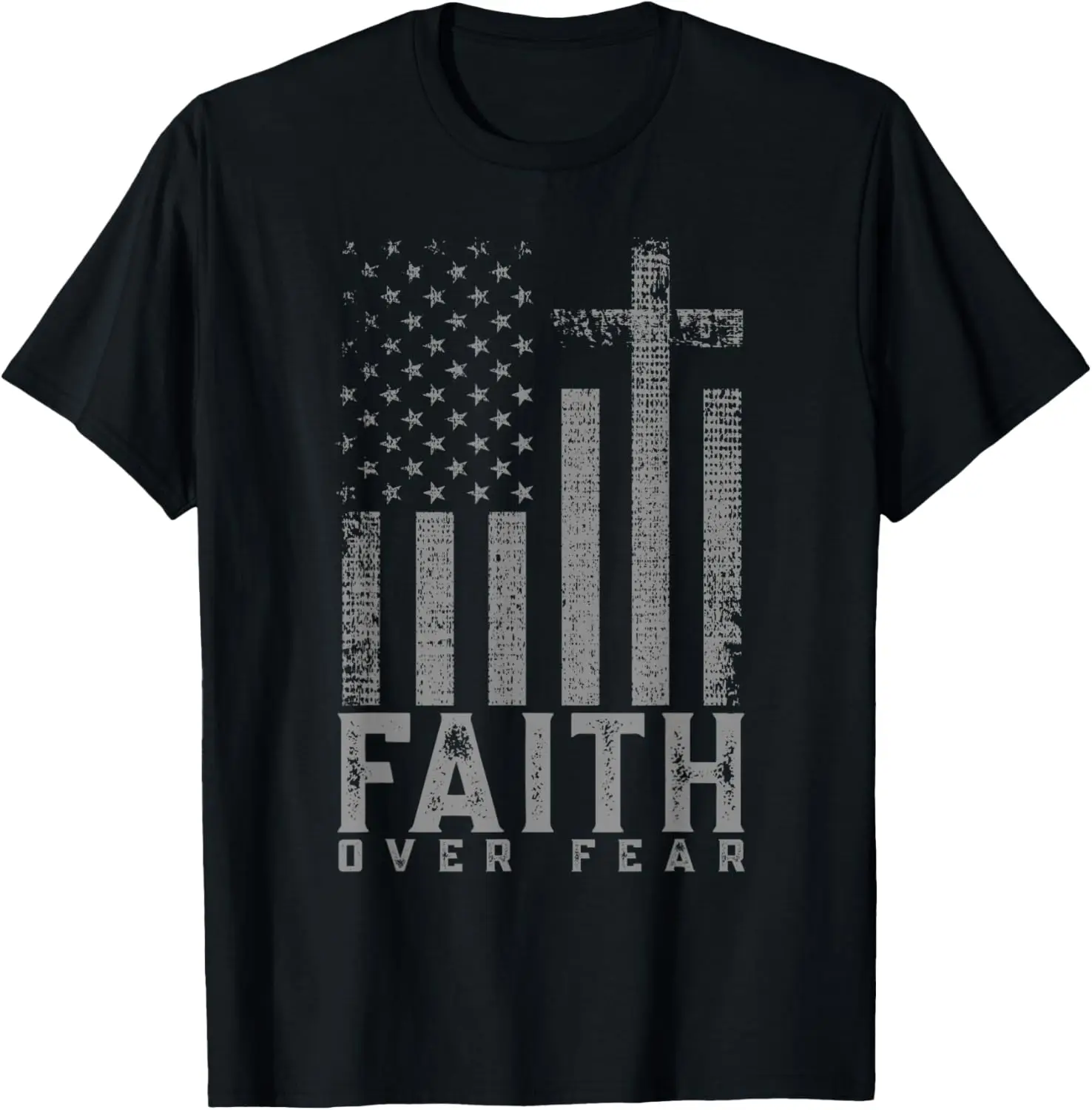Faith Over Fear Cool Christian Cross American USA Flag T-Shirt 100% Cotton O-Neck Short Sleeve Summer Casual Mens T-shirt