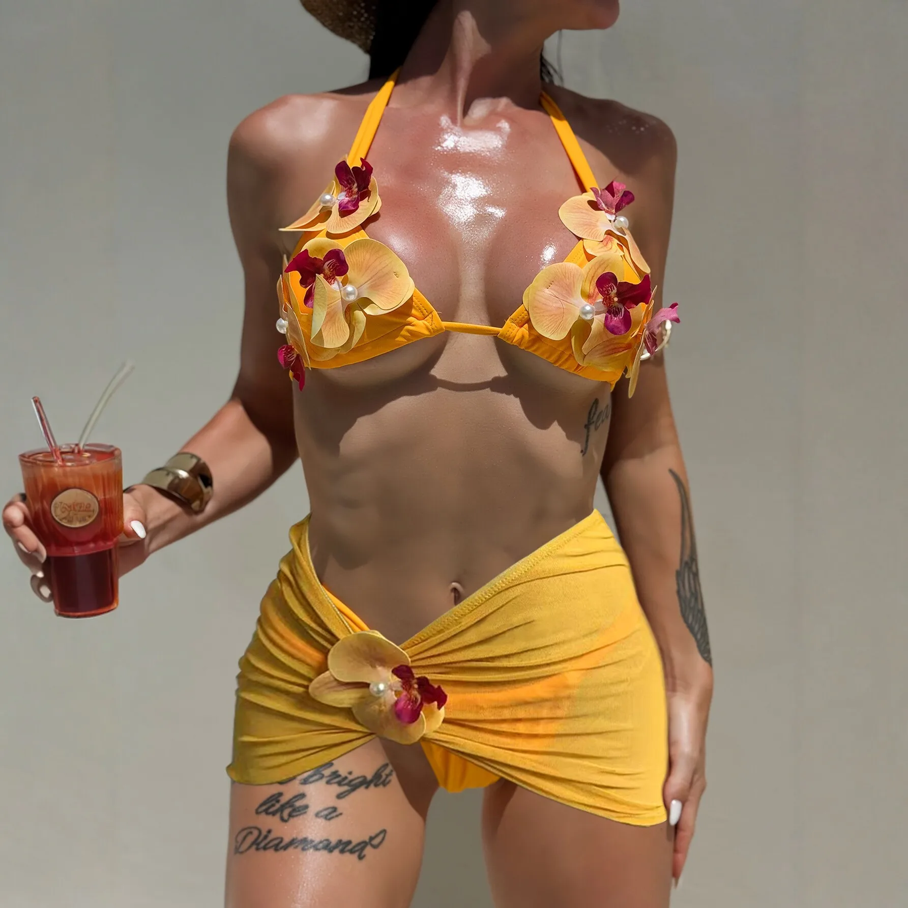 New Women's Summer Sexy Fashion Printed Neck Strap Split Bikini Swimsuit Set