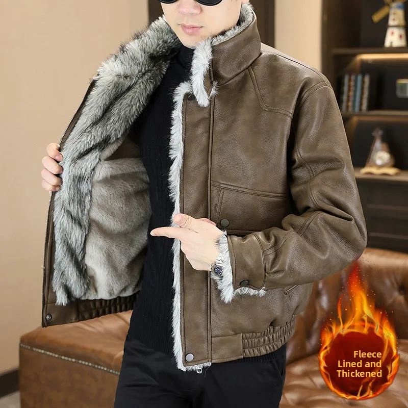 

High Quali Fce Lined Thiened PU Leather Jaet Men's Winter New Sle Motorcycle Jaet Warm Resistant to Deformation