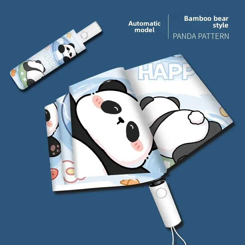 Happy Panda Manual Umbrella,Cute Cartoon Panda with Cloud Pattern,Compact Foldable Rain & Sun Protection,Christmas gift for kids