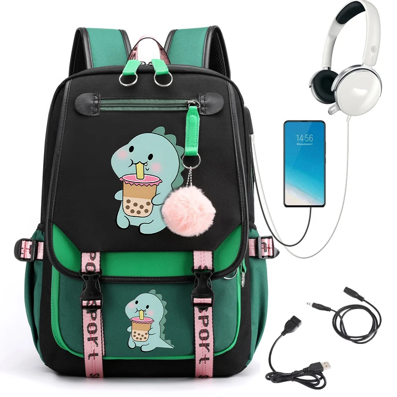 Mochila escolar Kawaii para adolescentes, mochila de dibujos animados de Anime, dinosaurio y té de leche, mochila escolar de regreso a la escuela