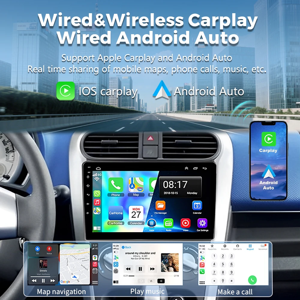 Android 16 Carplay Auto 2K Screen Car Radio BT Multimedia Player For SUZUKI Splash Ritz OPEL Agila 2008 - 2014 16G-512G BT 4G