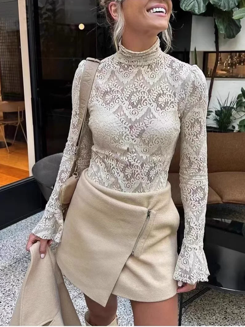 

2025 New Women Lace Embroidery Stand Collar Long Sleeve Fashion Bodysuits
