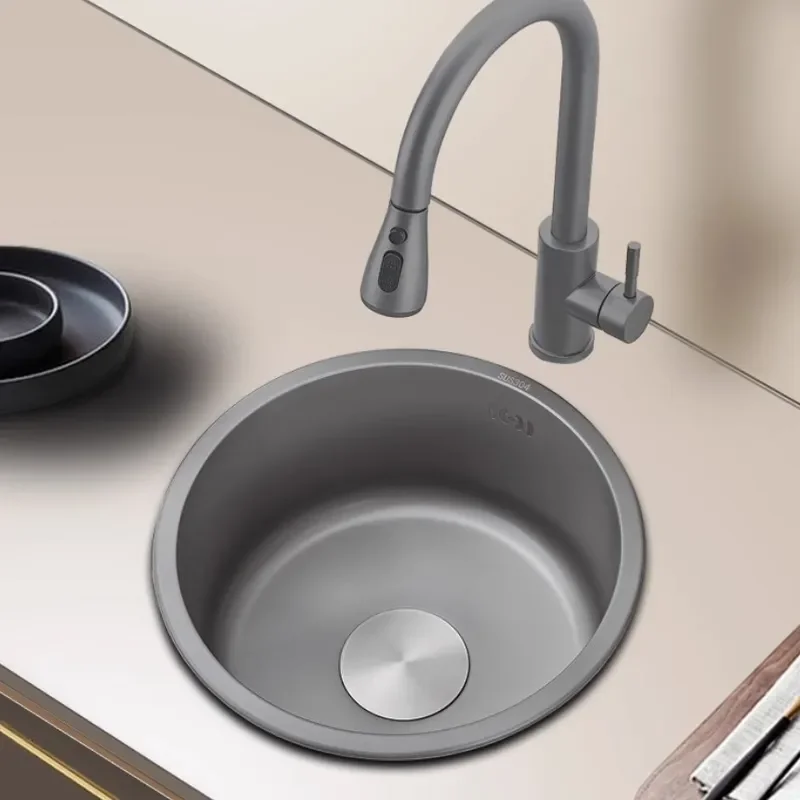 Round Single Sink 304 Stainless Steel Small Bar Balcony Kitchen Vegetable Basin Undercounter Dishwasher