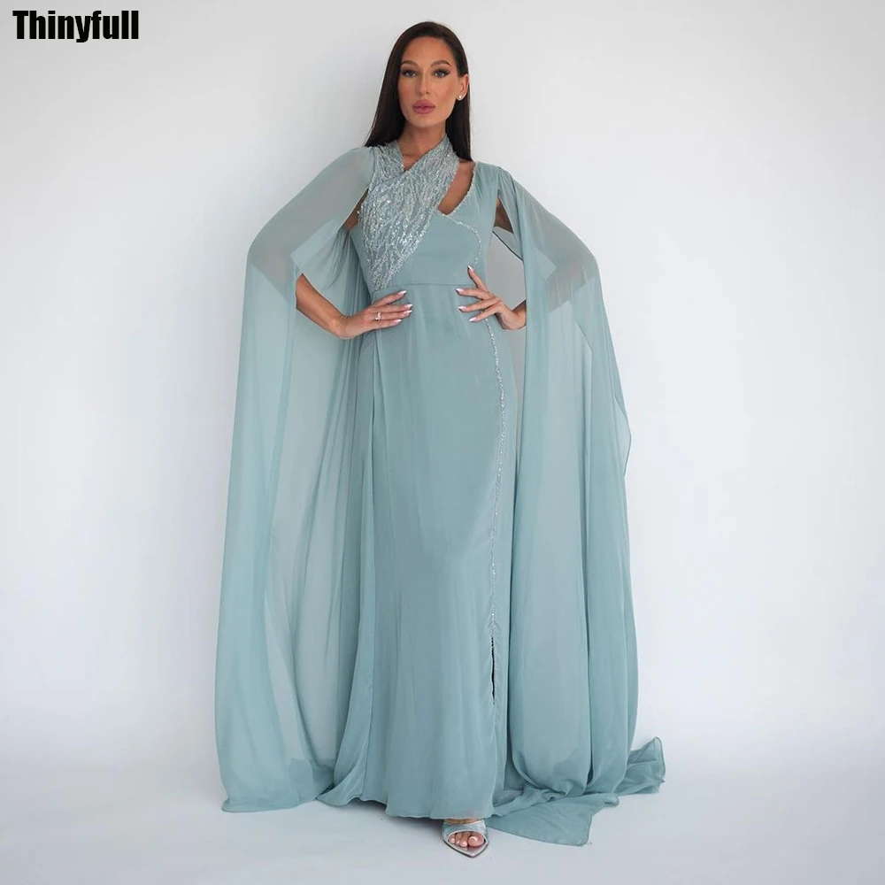 

Thinyfull Mermaid Arabic Prom Dress Long Cap Sleeves Chiffon Sequined Evening Party Dress Formal Occasion Gown Robe De Soirée