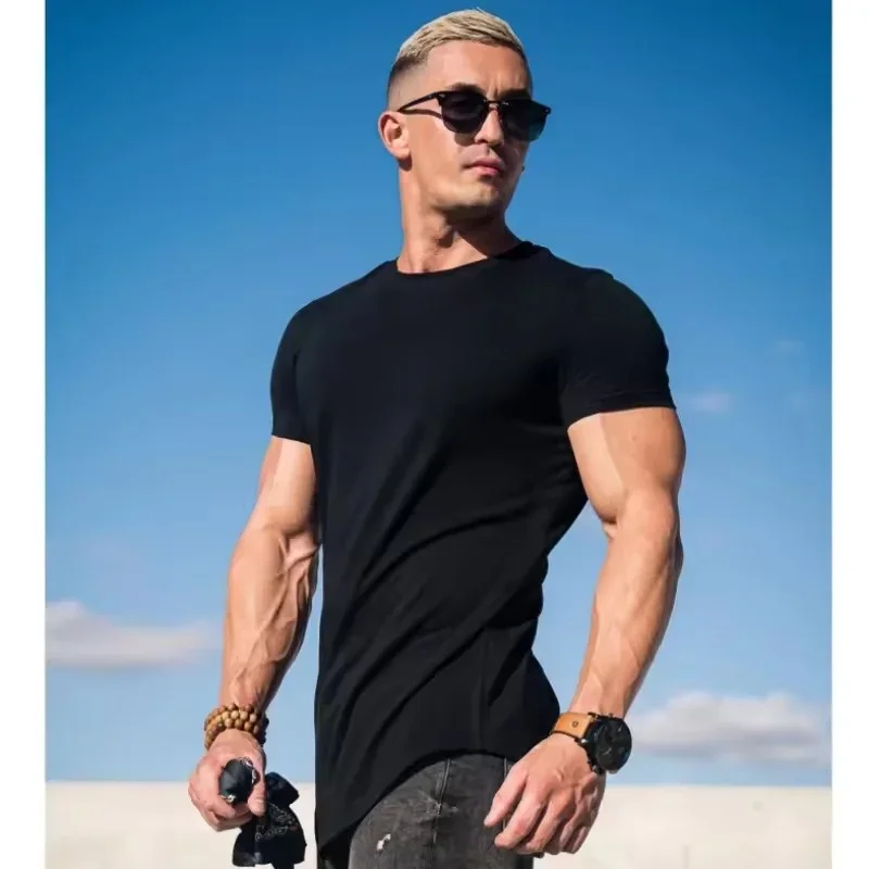 Muscle Training T-shirt Men's Summer Workout Short Sleeve T-shirt High Quality Cotton Fitness Men T-shirt Gym Solid Color Tops