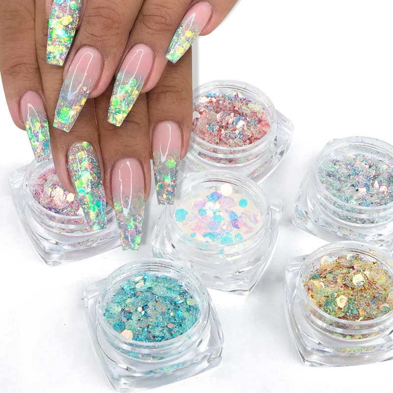 

6pcs Shiny Mermaids Hexagon Nail Sequins Iridescent Chunky Glitter Flakes Nail Art Decoration Christmas Manicure DIY Accessories