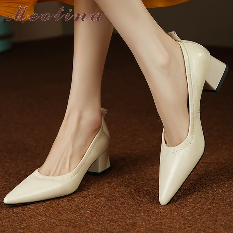 

Meotina Women Genuine Leather Pumps Pointed Toe Thick Mid Heels Glove Shoes Sheepskin Ladies Fashion Shoes Spring Autumn Beige