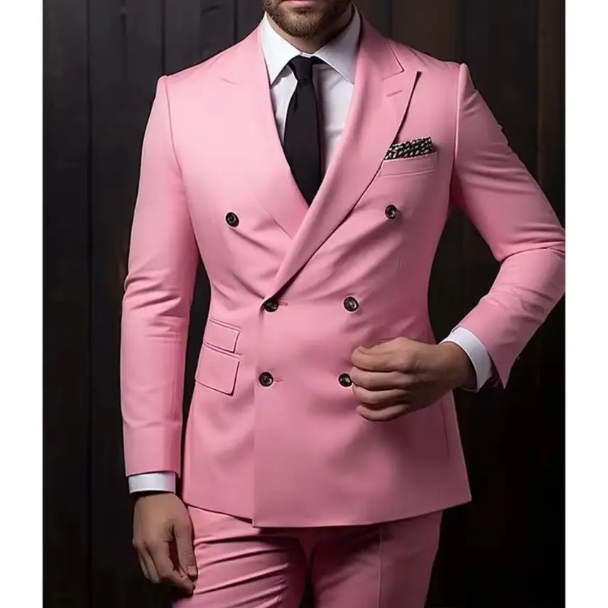 

Costume Pink Wedding Men Suits Double Breasted Regular Length Peak Lapel Custom Made Blazer 2 Piece Jacket Pants Full Sets Terno