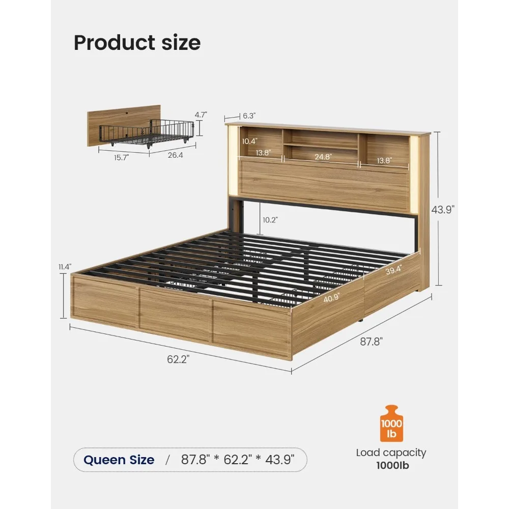 Queen Bed Frame with 4 Storage Drawers and 3 Tier Storage Headboard, Black Wooden Bed Frame Queen Size with Charging Station and
