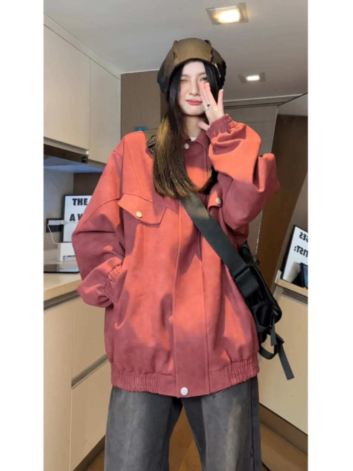 

Мужская мотоциклетная кожаная куртка в стиле ретро в стиле ретро, осеннее красное бейсбольное пальто Encore, модная уличная одежда для пар