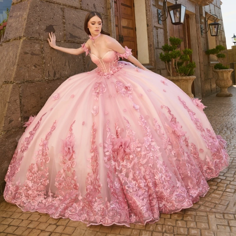 فساتين Quinceanera الوردية اللامعة قبالة الكتف زين زهرة الخرز تول القوس حفلة عيد ميلاد الحلو 16 فستان Vestidos 15 De Anos