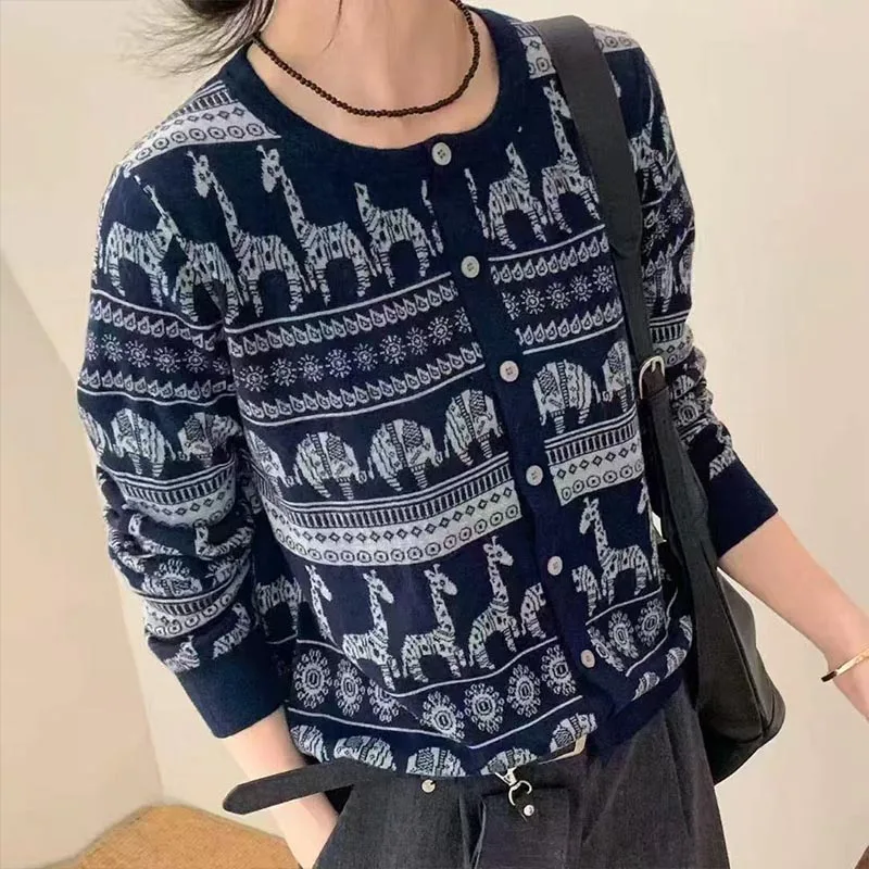 

Autumn Winter New Vintage Wool Knit Cardigan Women Clothing Fashion Loose O-neck Long Sleeve Sweaters Lady Chic All-match Tops