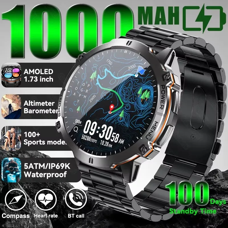 

New Outdoor Durable 1000mAh Large Battery Men Adult Smart Watch 1.73" AMOLED Screen GPS 5ATM Waterproof Call Sports Smartwatch