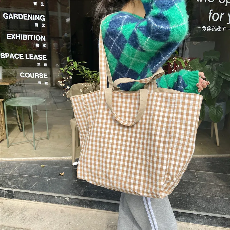 1 pc double-sided Plaid Shopping Bag Reusable 6 Colors large Canvas Shoulder Bag Lady Student Book Handbags Grocery Tote Bag