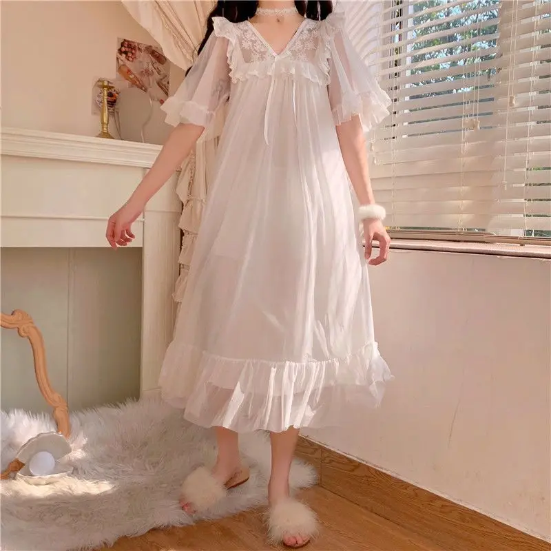 M-4XL Nightgowns Women Sleepwear White Midi V-neck Sweet Ruffles A-line Spliced Temper Elegant Lounge Summer Aesthetics Home Ins