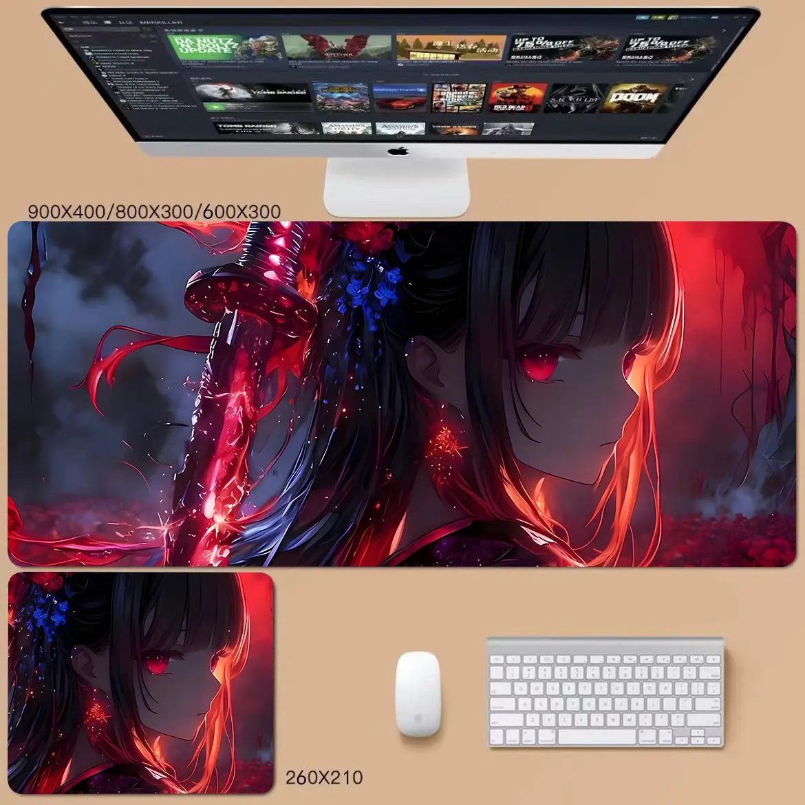Large Cartoon Sword Shadow Anime Girl Extra Large Gaming Mouse Pad Non Slip Rubber Stitched Edge Desk Mat For PC Laptop Office