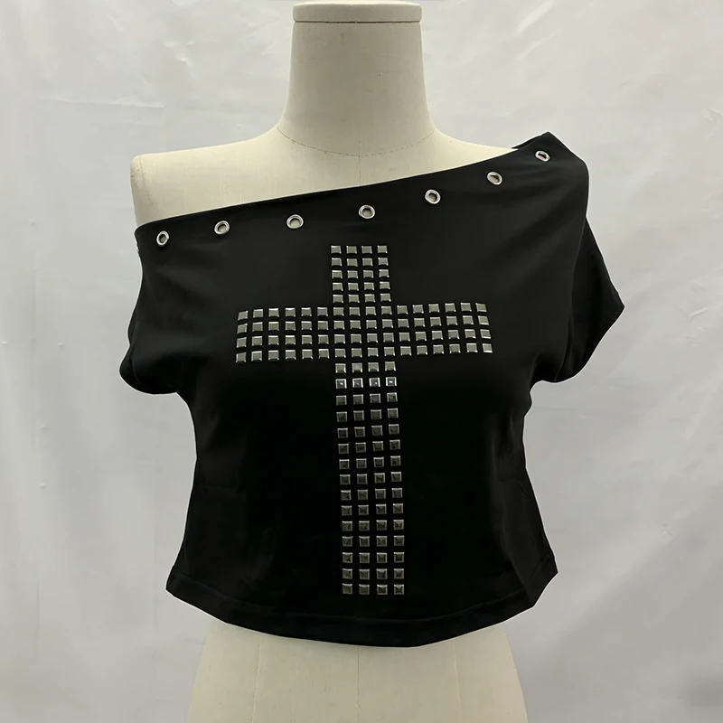 2026 New Y2K Cross Rivet Metal Decorative Oblique Neck Off-the-Shoulder Short Bare Belly Sexy Spice Girl Style Summer T-shirt