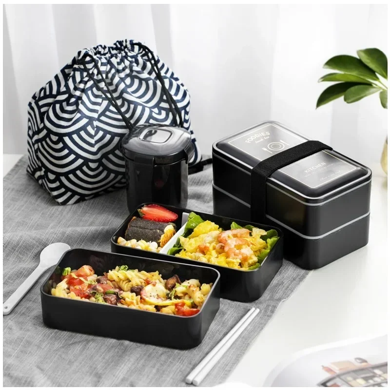 

Microwave Heated Lunch Box Double Layered Grids Bento Box with Spoon Salad Bowl 1.2L Food Box Portable Food Storage Containers