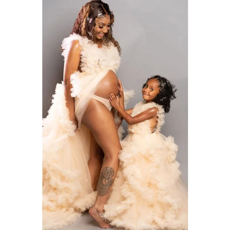 Champagne Mother and Daughter Tulle Dresses for Photo Shoot  Baby Shower فساتين حوامل  платье для беременных  платье вечернее