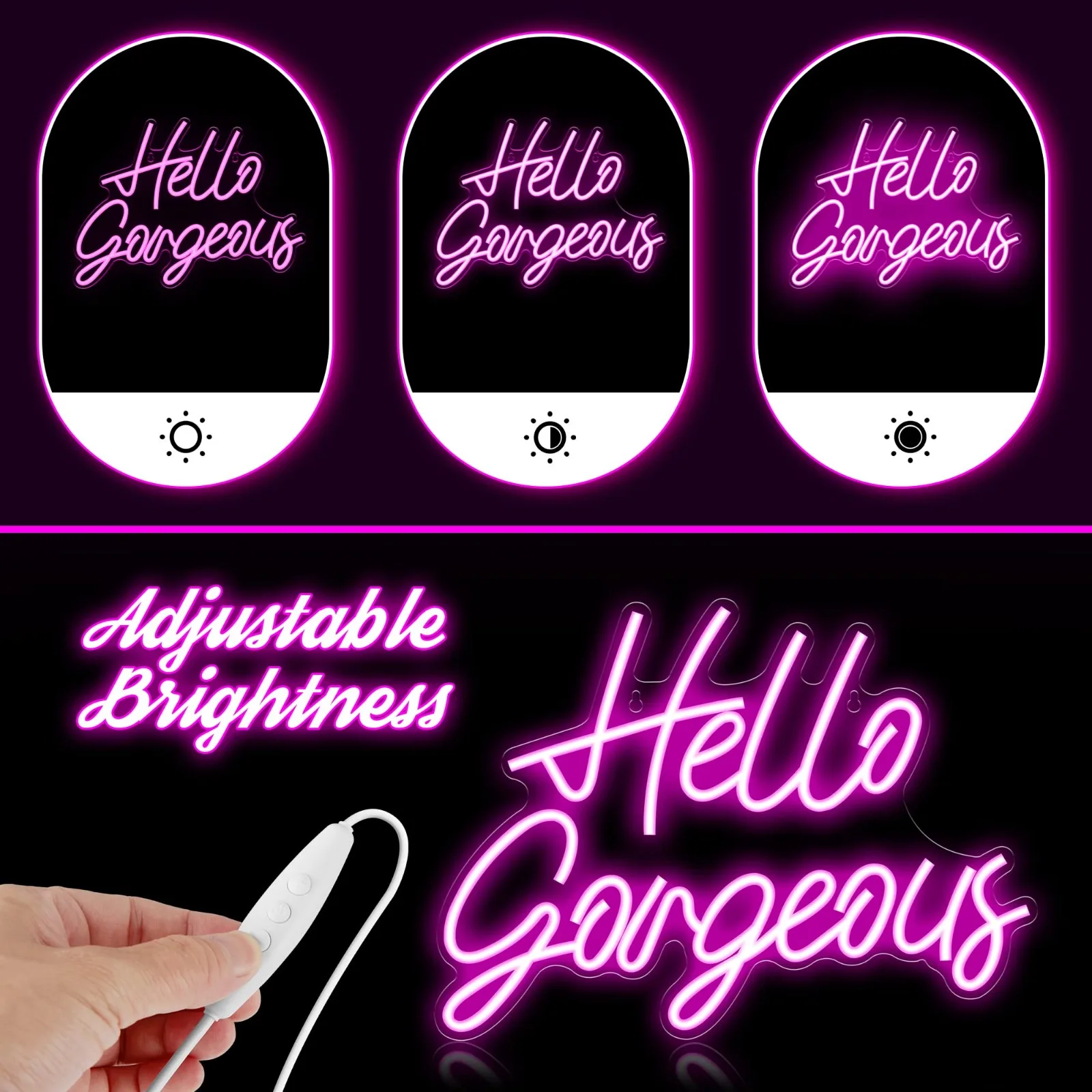 Gorgeous Neon Signs for Wall Decor, Hello Gorgeous Neon Light Sign with Dimmable Switch - Hello Gorgeous Sign for Girls Bedroom