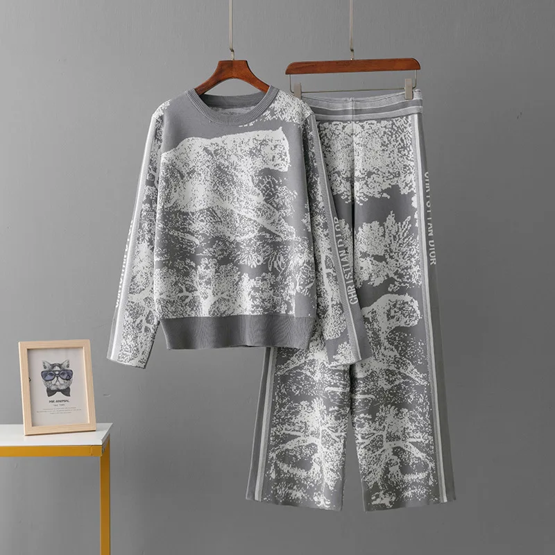 Elegante 2-delige set gebreide dierenprint sets dames o-hals lange mouw truien + wijde pijpen lange broek casual mode lente 2024