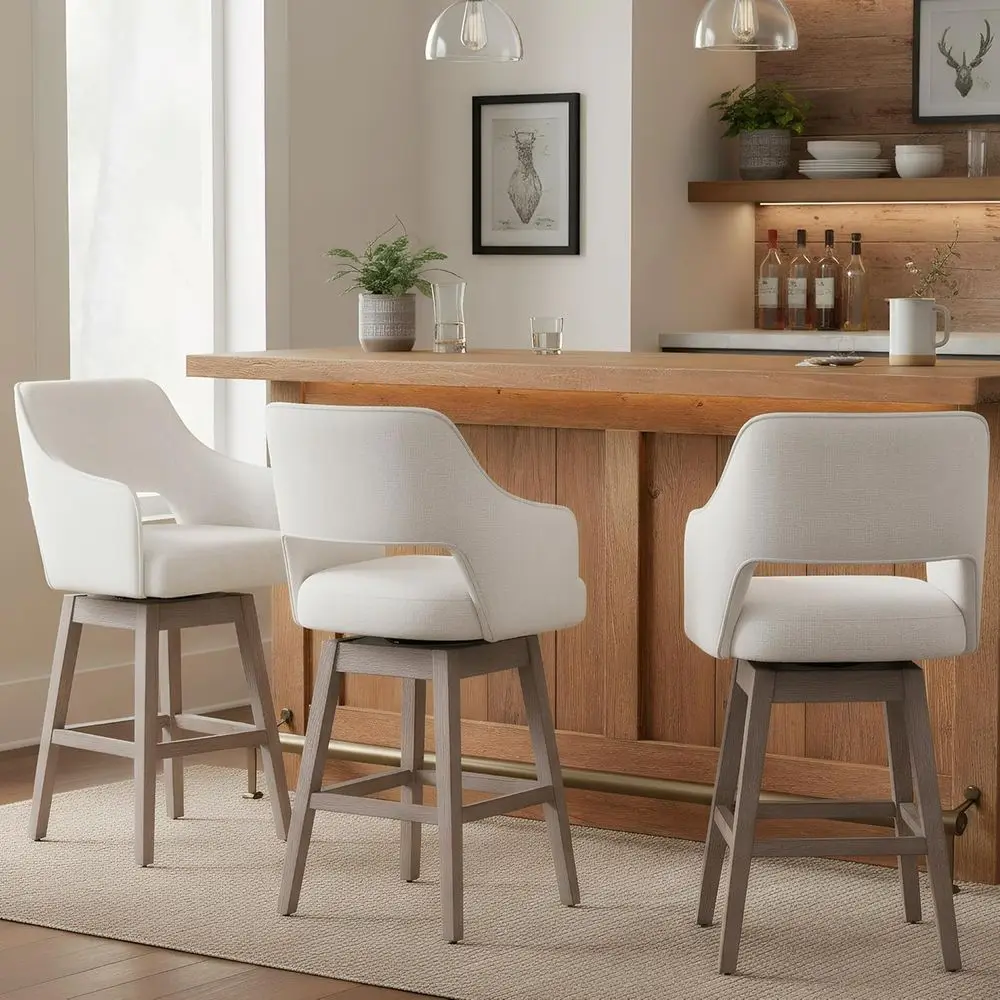 

Комплект из 3-х поворотных барных стульев с высокой спинкой, деревянными ножками и обивкой из бежевого льняного полотна для дома, паба или кухонного острова