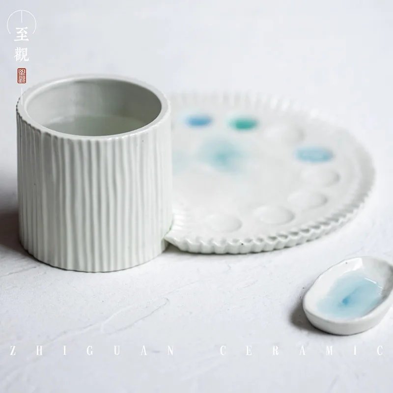 Multifunctional Ceramic Art Set, Paint Palette Brush Washer Ink Dish for Chinese Painting Gouache