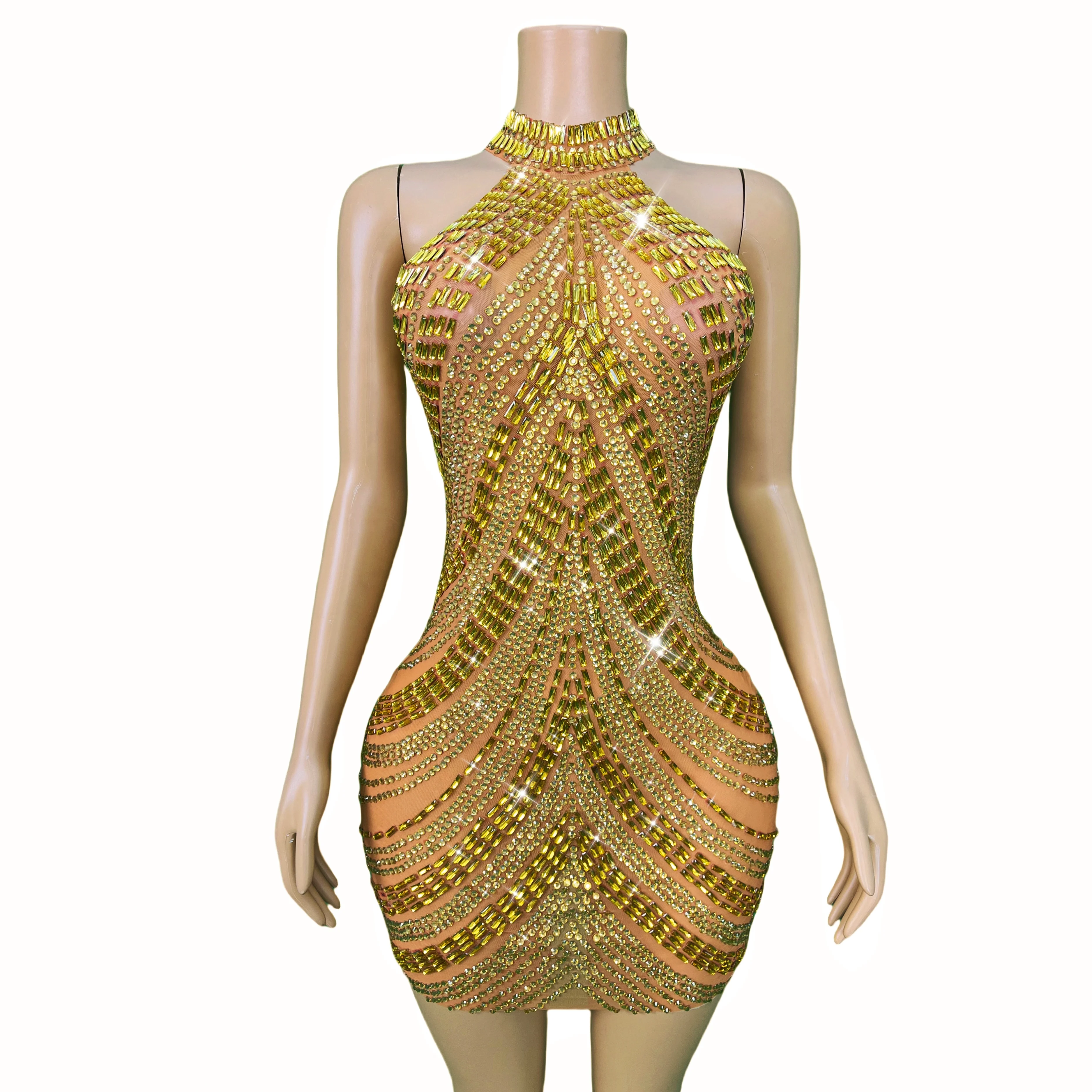 New Orange Mesh Blingbling Rhinestones  Sleeveless Dress Women Birthday Evening  Celebrate Outfit Dance Strech Costume Jinsixian