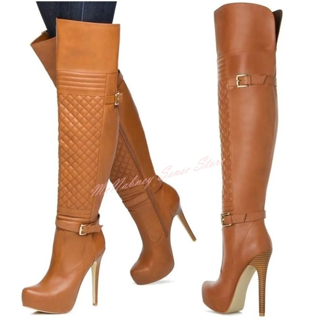 Buckles Straps Printed Boots Round Toe Platform Stiletto Heels Over The Knee Side Zipper Solid Leather Boots Women Sexy Shoes