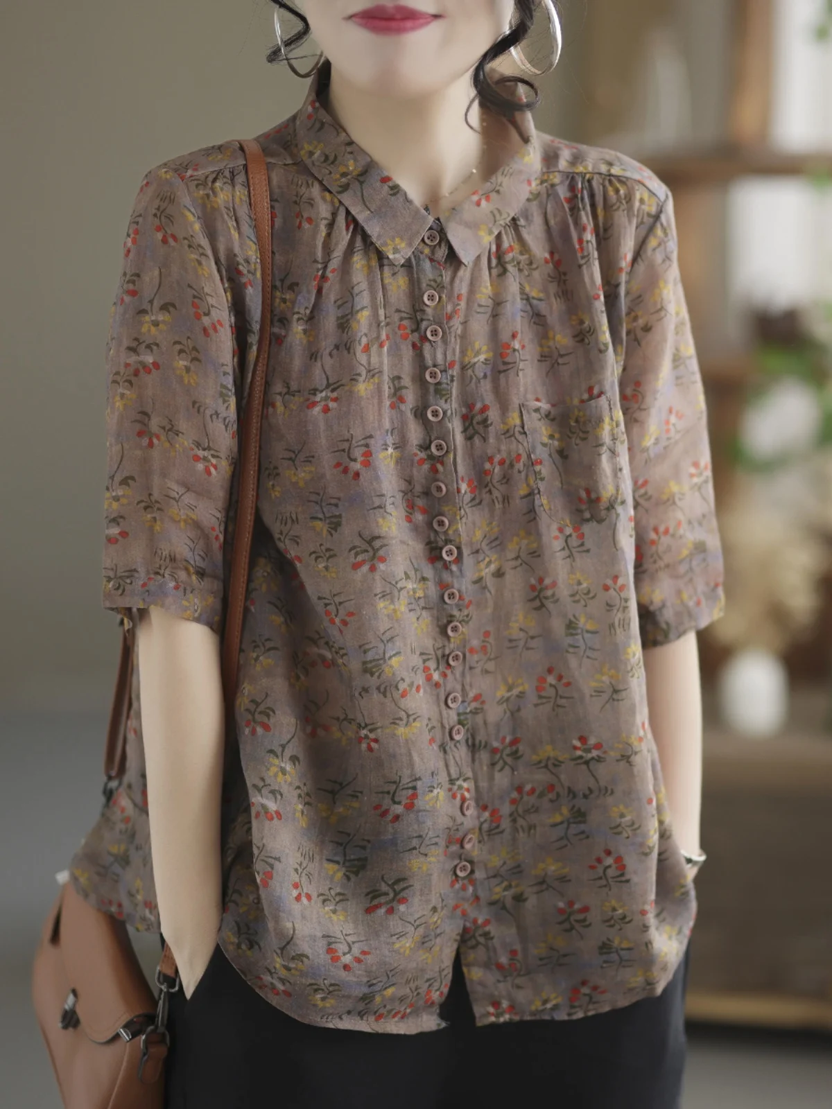 

Retro Cotton Linen Floral Print Short Sleeve Shirt Women Summer Thin Loose Casual Single Button Neck Open Cardigan Top