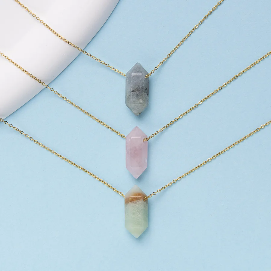 Hot selling natural stone hexagonal column necklace, stainless steel double pointed bullet head amethyst pendant necklace