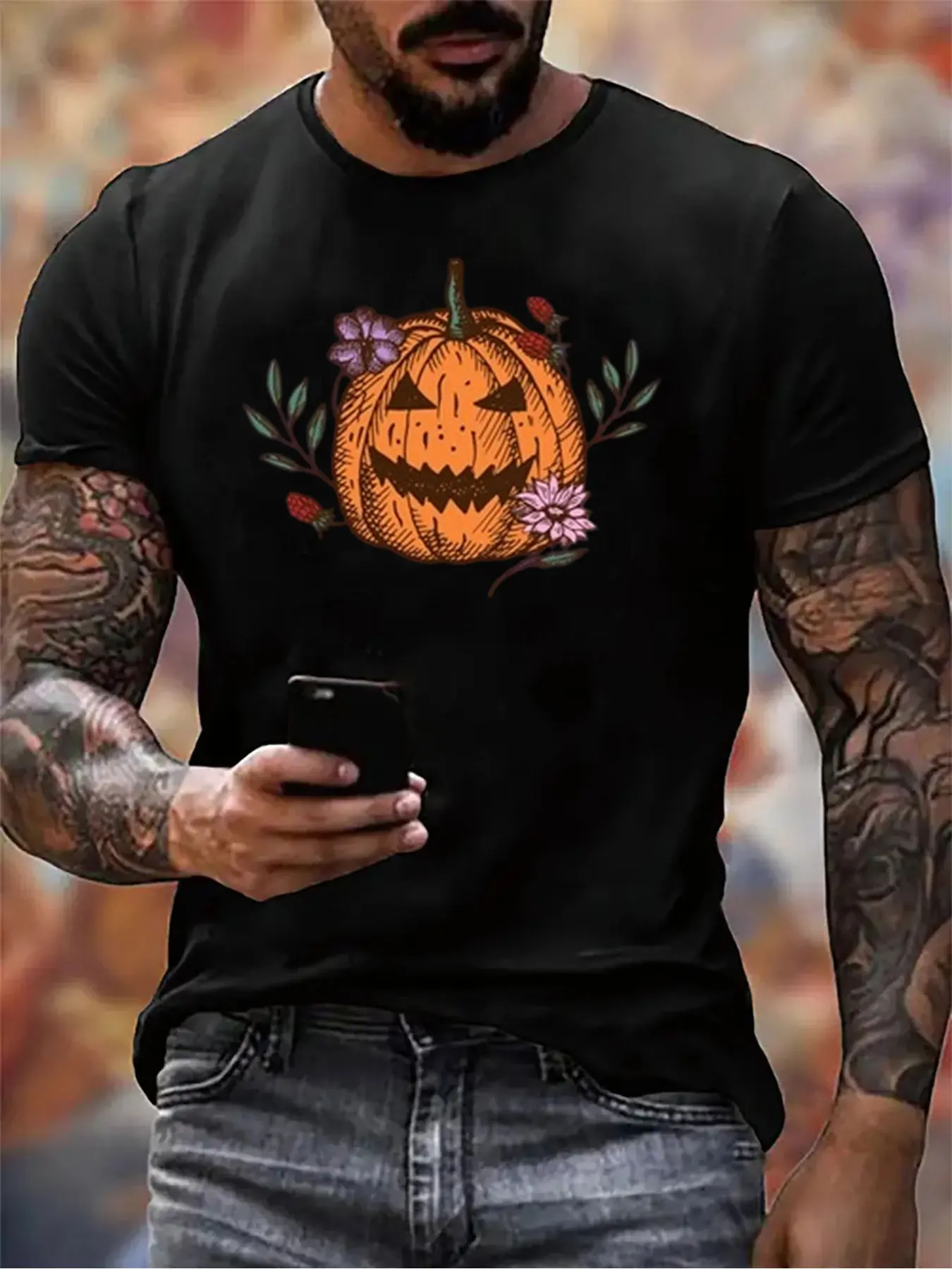 

Men's Cotton Halloween Pumpkin Floral Print Tee For Holiday Gift, Soft Crew Neck Shirt For Casual Wear, Top For Him