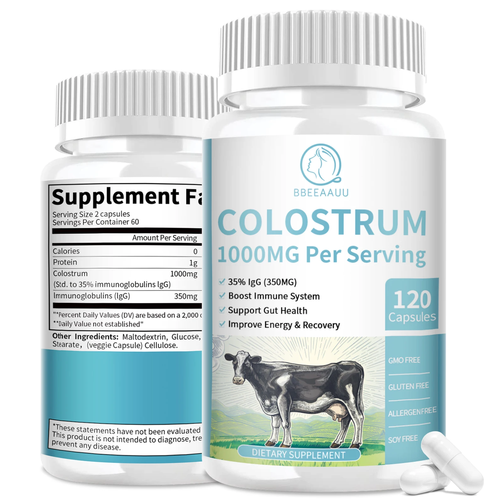 BBEEAAUU Colostrum Capsules 35% lgG Immunoglobulins Improve Immunity Gut Health Improve Focus Improve Energy & Recovery