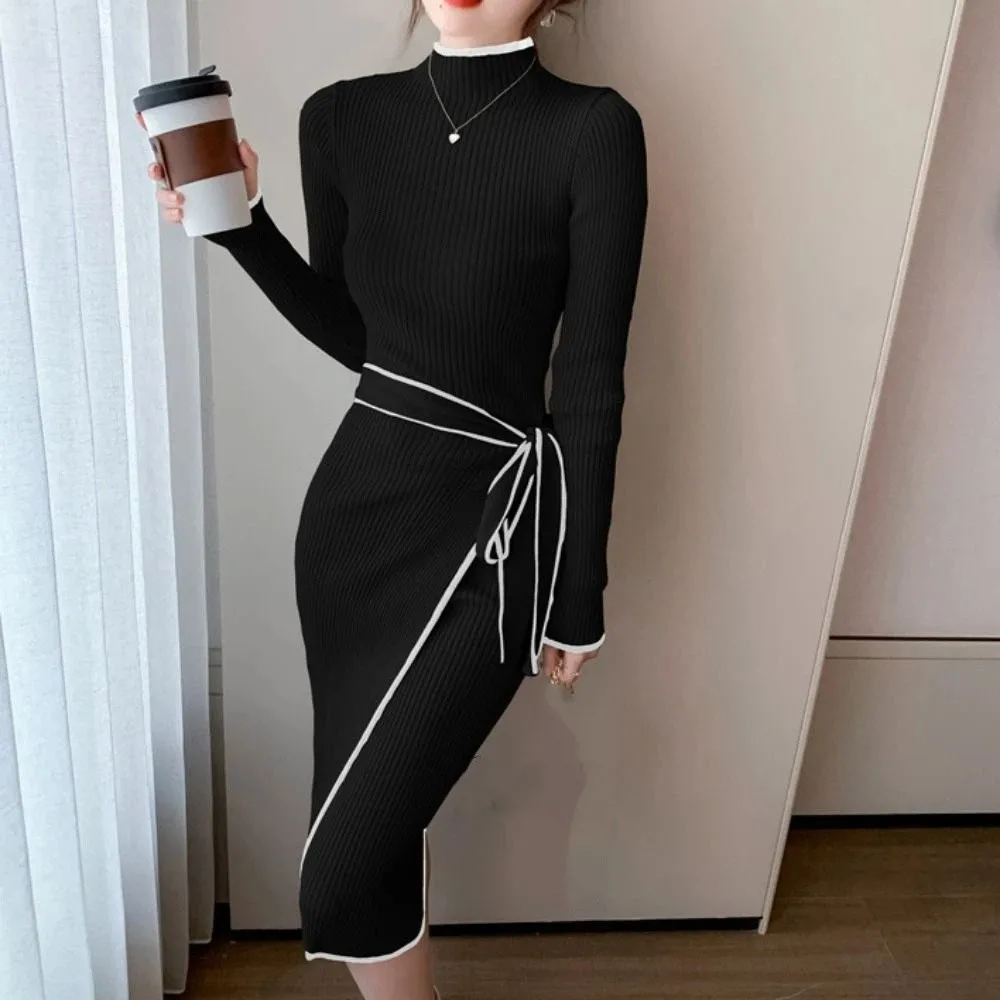 

Sweet Half Collar Knit Long Dress Long Sleeve Winter Autumn Slim Elegant Dresses Spicy Girl Lace-up Knitwear Dress Party