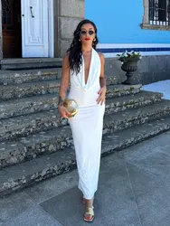 Summer Dress For Women 2024 Solid Backless Halter Neck Slim Long Dresses Chic Beach Sexy Vintage Woman Evening Dress
