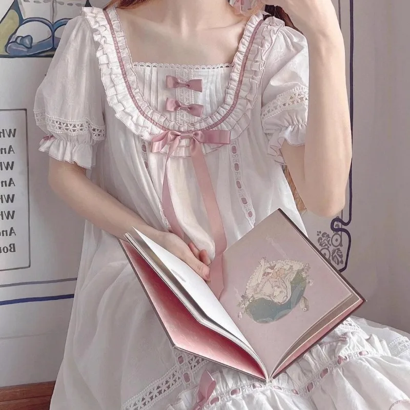 

Anime White Pink Sweet Dress Princess Nightgown Bow Tie Pajamas Short Sleeve Costume for Women Summer Clothes Girls